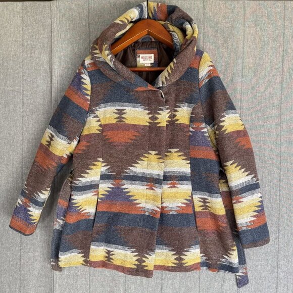Vintage Y2K Mossimo Supply Co Aztec Print Hooded Shawl Collar Belted Coat - Picture 3 of 12
